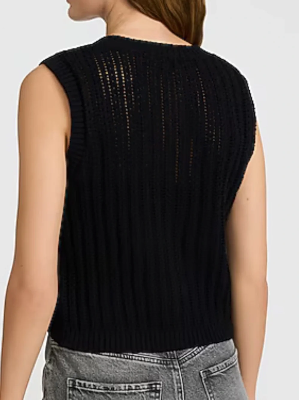 Open Knit Crew Neck Button Front Sweater Vest